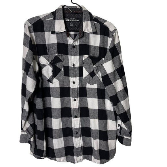 Koman Mens M Black and White Plaid Flannel Shirt Long Sleeve Button Chest Pocket - Picture 2 of 12
